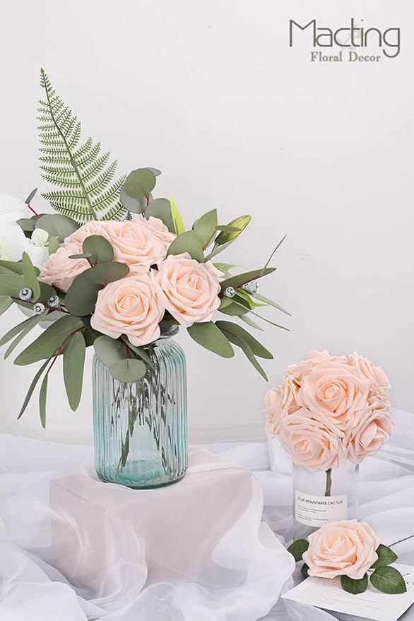 MACTING Artificial Flower Roses 30PCS Real Touch Fake Flowers with Stem Champagne Foam Roses for DIY Wedding Flower Bouquet Table Centerpieces Party Baby Shower Home Spring Mothers Day Decorations