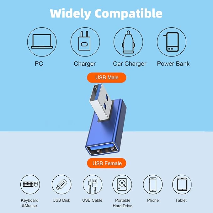 AreMe 90 Degree USB 3.0 Adapter 2 Pack, Left and Right Angle USB A Male to Female Converter Extender for PC, Laptop, USB A Charger, Power Bank and More (Blue)