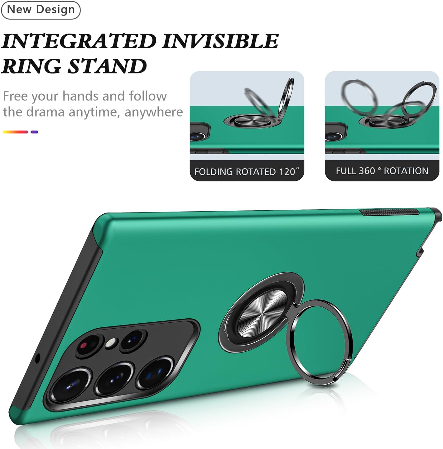 Galaxy S24 Ultra Case, Military Grade Shockproof Protective Case with Built-in Ring Holder Kickstand (Dark Green)