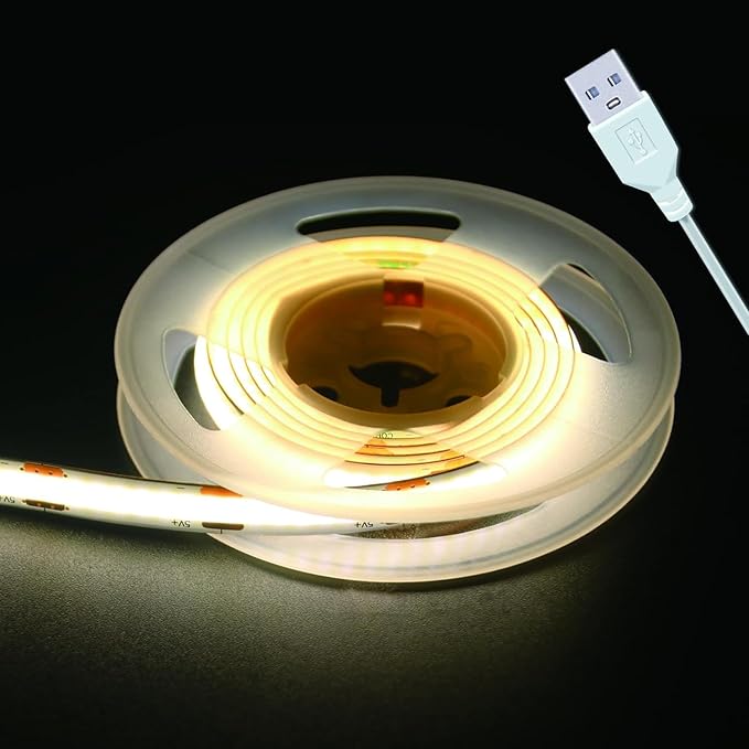 Short Led Strip Lights 5V USB LEDs Display Cabinet Lighting USB 8mm Small COB LED Strip Light 4000K Warm White Not Dimmable Flexible led for Home DIY TV Lights Indoor Use (3.28FT /1M)