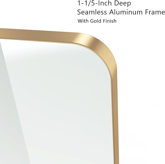 VocalStar Gold Bathroom Mirror for Wall, 24 x 36 Inch Metal Framed Rounded Rectangle Vanity Mirror Modern Farmhouse, 1/4-inch Shatterproof Glass | Ultra-Flush Hanging