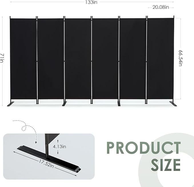 RANTILA 6 Panel Room Divider, 6 FT Folding Privacy Screen with Wide Feet, Freestanding Partition for Room Separation, Portable Room Divider Panel, 133" W x 71" H, Black