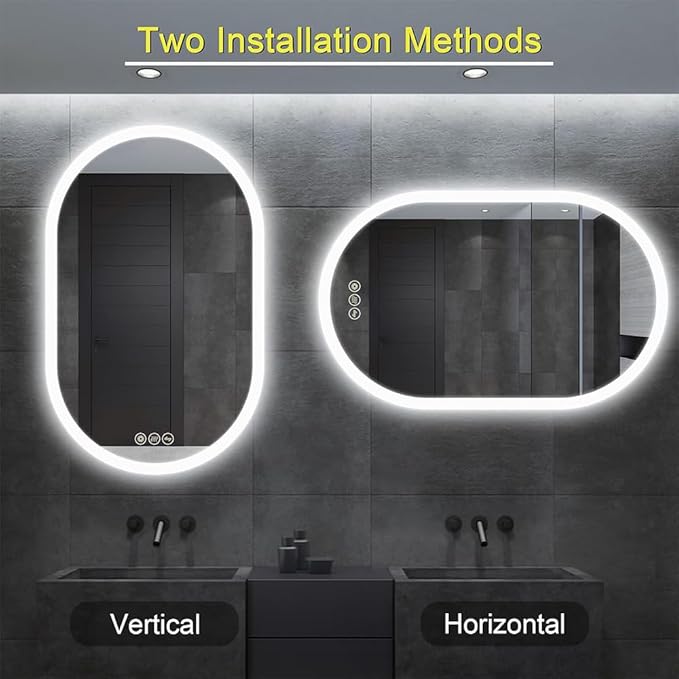 Bathroom LED Oval Mirror, 24 x 36 inches, Wall Mount, 3 Colors, Stepless Dimmable, Anti-Fog, Backlit, Frameless Frosted Edge, Home Mirror