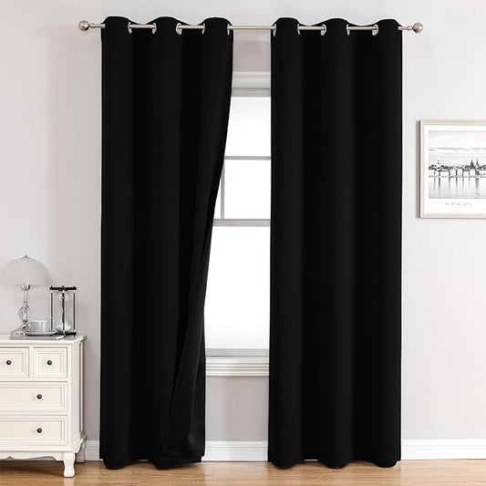 ChrisDowa 100% Blackout Curtains 84 inch Long for Bedroom with Black Liner, 2 Thick Layers Total Blackout Thermal Insulated Grommet Window Curtains 2 Panels Set (Black, 38 x 84 Inch)