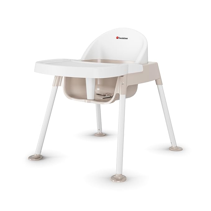 Foundations Secure Sitter 13" Feeding Chair, Stable “No Tip” Feet, 3-Point Adjustable Harness, Removable Tray, Easy to Clean, Smooth Plastic (White/Tan)