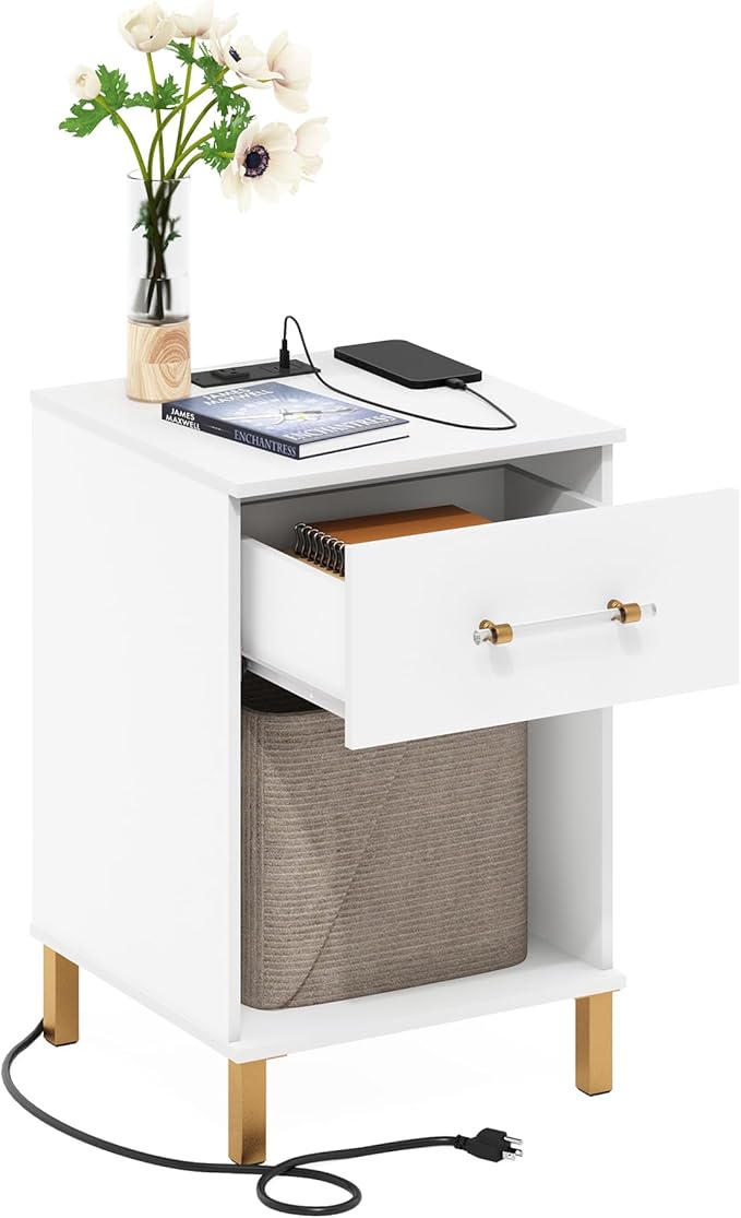 Furinno TIDUR Side Table, Drawer End Table with Charging Station, Night Stand, Bedside Table with USB and Type-C Charging Port, for Living Room, Bedroom, White