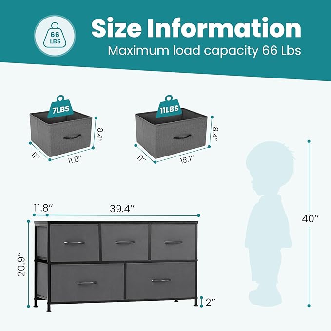 OLIXIS Dresser for Bedroom, 5 Storage Drawers, Wide Fabric Closet Chests Organizer Tower Furniture, TV Stand with Wooden Top Metal Frame for Clothes, Living Room, Hallway, Entryway, Classic Grey
