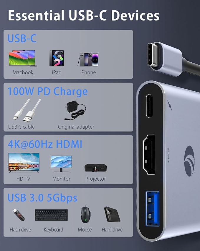 VCOM USB-C to HDMI Adapter, 3-in-1 4K@60Hz HDMI Adapter with 100W PD Charging & 5Gbps USB 3.0 Port, USB Hub Multiport for MacBook, iPad, iPhone 16 Pro Samsung S24/23, Chromebook (Grey（3-in-1)