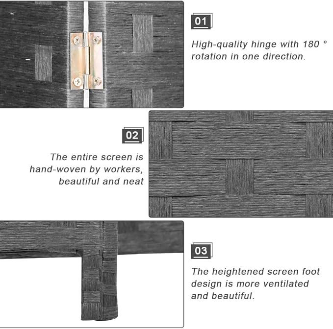 Room Divider Wood Screen 6 Panel Folding Portable Partition Screens Wooden Mesh Woven Design Room Screen Divider for Home Office (Black)