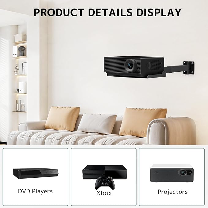 Projector Ceiling Mount with Tray, Adjustable Height Universal Bracket with Concealed Cable Management, No Hole Installation, Holds up to 22 lbs – Ideal for Home Theater & Office (Black)