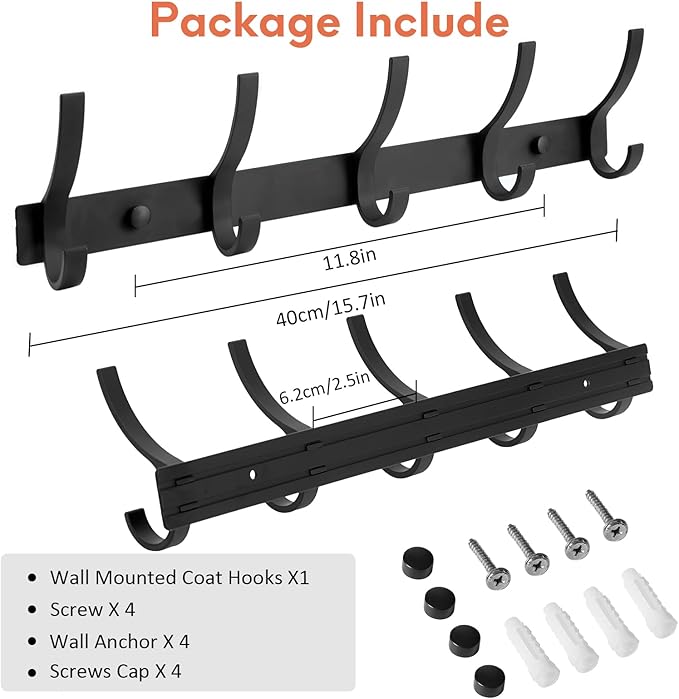 Coat Rack Wall Mount, Coat Hook Wall Mount, Wall Hooks for Hanging, Hat Rack for Walls, Coats Hanger with 10 Hook, Towel Hooks for Bathrooms (1 Pack, Black)