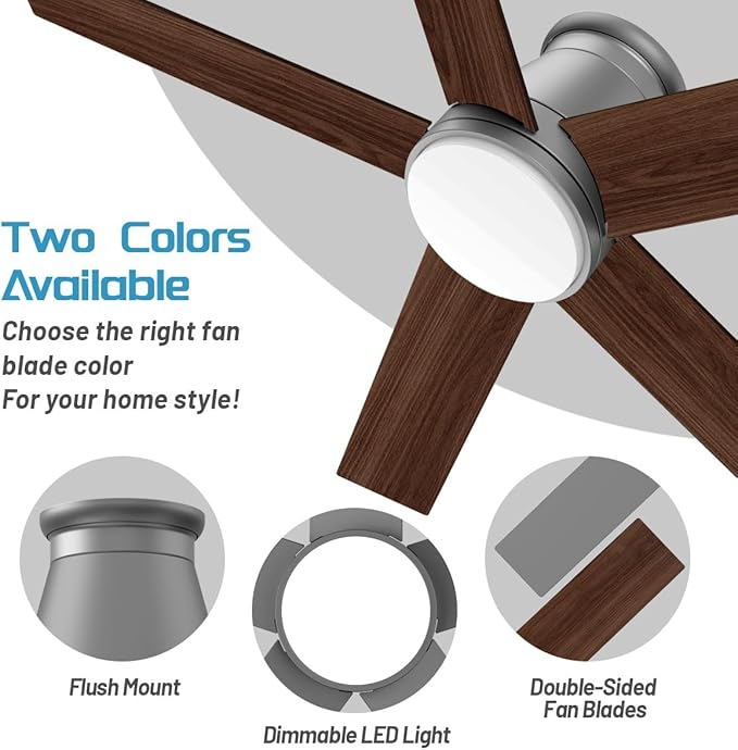 wurzee 52 Inch Flush Mount Ceiling Fan, Matte Silver Ceiling Fan with Light, Reversible DC Motors, Dimmable,Timer, Noiseless, Ceiling fan for Indoor & Outdoor Farmhouses, Dining Rooms