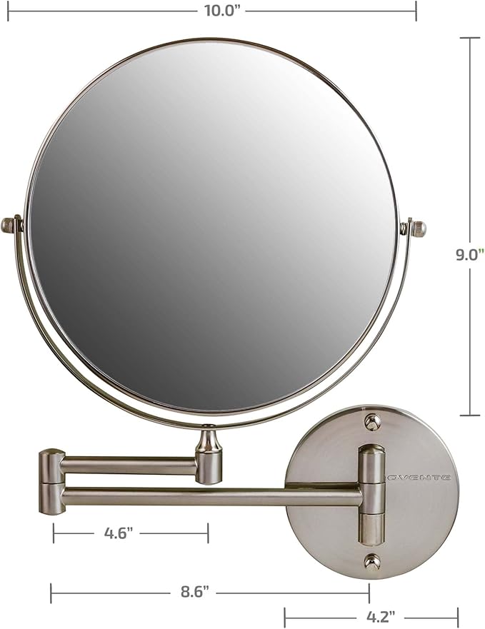 OVENTE 9" Wall Mounted Makeup Mirror with 1X/10X Magnification, Double Sided Magnifying Round Bathroom Vanity Mirror, 360° Swivel Design, Extendable and Folding Arm, Nickel Brushed MNLFW90BR1X10X