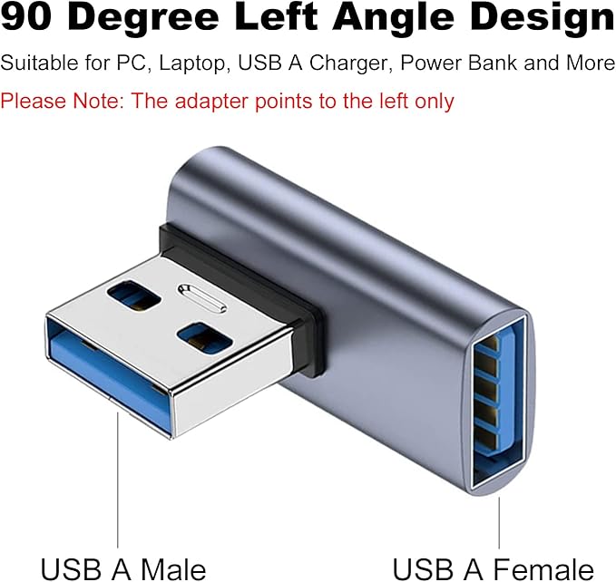 AreMe 90 Degree USB 3.1 Adapter 2 Pack, Left Angle USB A Male to Female Converter Extender for PC, Laptop, USB A Charger, Power Bank and More