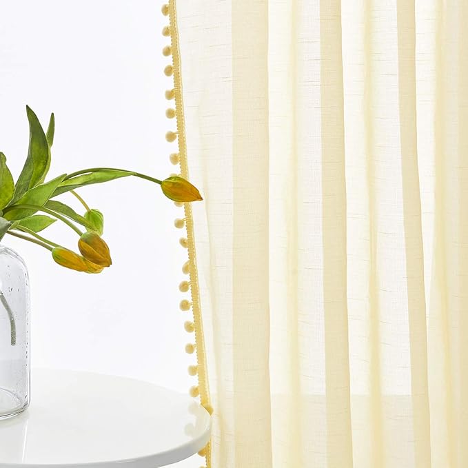 Treatmentex Pom-pom Sheer Curtains for Living Room, 84 inch Long Yellow Curtain Drapes for Kids Room 2 Panels Rod Pocket
