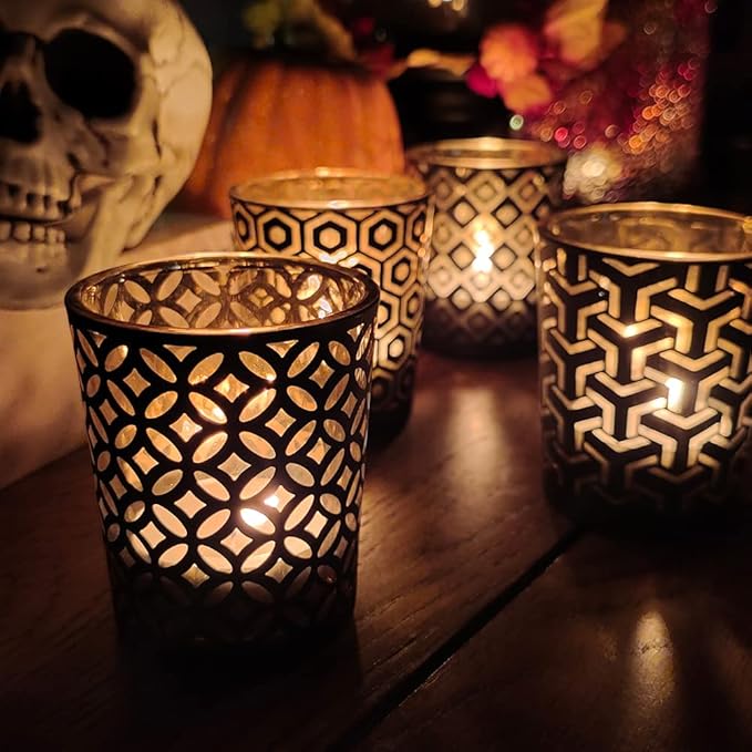 SHMILMH Halloween Votive Candle Holders Set of 12 Black Gold Glass Tealight Candle Holders with 4 Patterns Table Centerpiece for Halloween Party Table Decorations