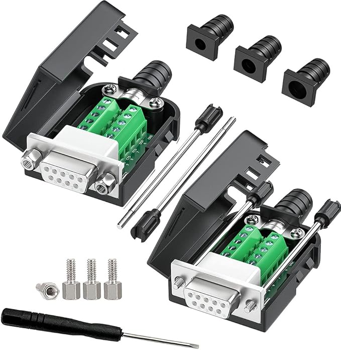 2PCS DB9 Female adapters, Easy to useDIY RS232/485 Serial Cable, No Soldering Needed DB9 Serial connectors with Bolts Nuts Tail Pipes and Screwdriver