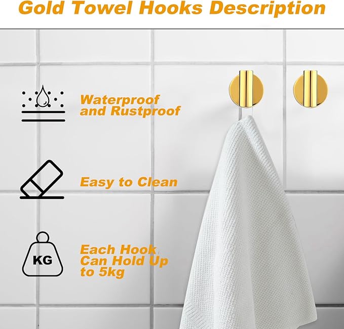 Bathroom Robe Towel Hooks Wall Hook Holder Heavy Duty Door Hanger Towel Robe Clothes Cabinet Closet Sponges Hook for Bathroom Bedroom Kitchen Hotel Pool 4 Packs(Bright Gold)