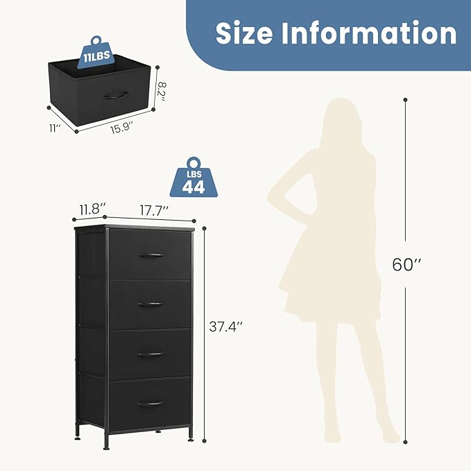 DUMOS Dresser for Bedroom 4 Drawers, Tall Fabric Closet Chests Organizer Tower Furniture with Wooden Top Metal Frame for Nursery, Living Room, Closet, Black