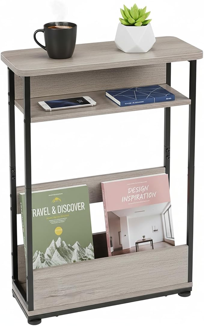 Vintage Narrow Side Table with Storage Shelf, 3 Tier Slim End Table Modern Sofa Table for Narrow and Small Spaces, 24.6 Inch Height Bedside Table Nightstand (Oak, Large)