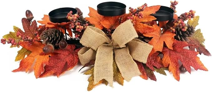 Fall Candle Holder Centerpiece with Maple Leaves, Pinecones, Berries & Burlap Bow,Thanksgiving Table Centerpiece Decoration for Dining Table, Mantel & Autumn Harvest Home Décor