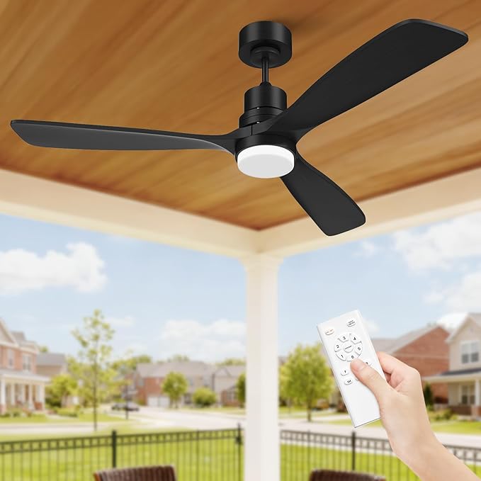 Obabala 52inch Ceiling Fan with Light and Remote Control Outdoor Ceiling Fan with 3 Blades Wood Reversible DC Motor for Patio, Porch, Bedroom, Living Room (Black)