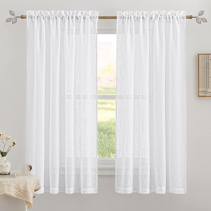 RYB HOME Semi Sheer Curtains 63 inches Length, Short Linen Textured Breathable Curtains Panels for Bay Window Farmhouse, Rod Pocket, Indoor, White, 52 x 63 Inch Length 2 Panels