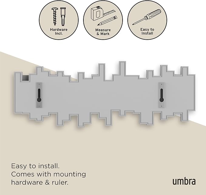 Umbra Sticks Wall-Mounted Coat Rack Rail Hook with 5 Retractable Pegs – Modern, Space-Saving Storage Organizer, Grey
