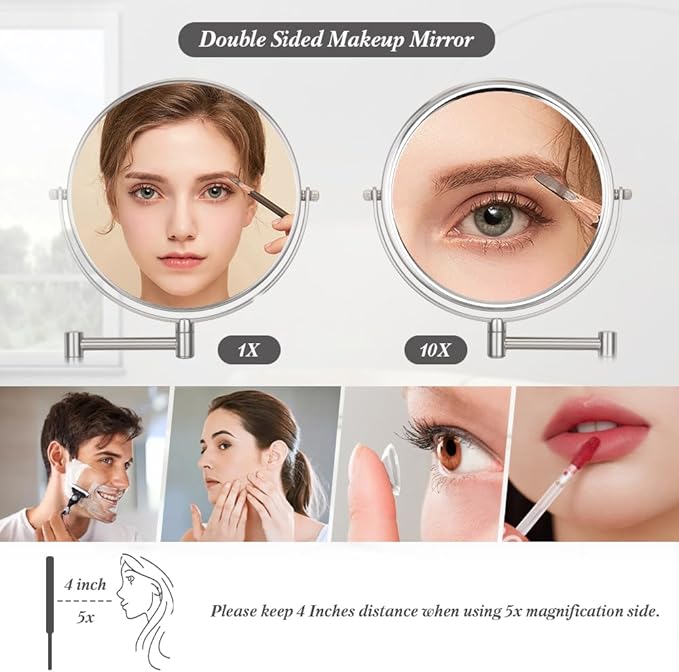 Cerdeco 8 Inch 10X Double Sided Makeup Wall Mount Mirror With Nickel Plated Finish - 360 Swivel Extendable Cosmetic Shaving Magnification