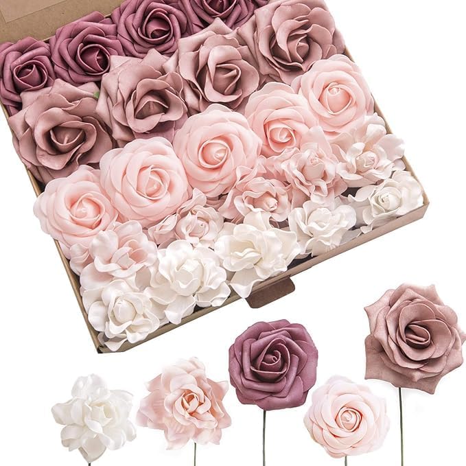 Ling's Moment Artificial Flowers Fake Roses Faux Foam Gardenia Combo for DIY Wedding Bouquets Centerpieces Arrangements Bridal Shower Party Home Decorations, Mauve & Blush, 24pcs