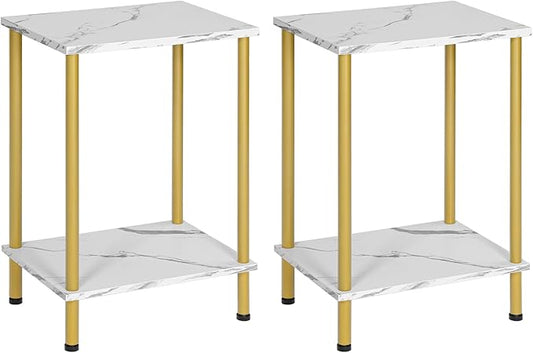 HOOBRO End Tables Set of 2, Small Side Table, Nightstand with 2-Layer Storage Shelves, Sofa Table for Small Spaces, Living Room, Bedroom, Stable Frame, Easy Assembly, Gold and Marble DM09BZP201