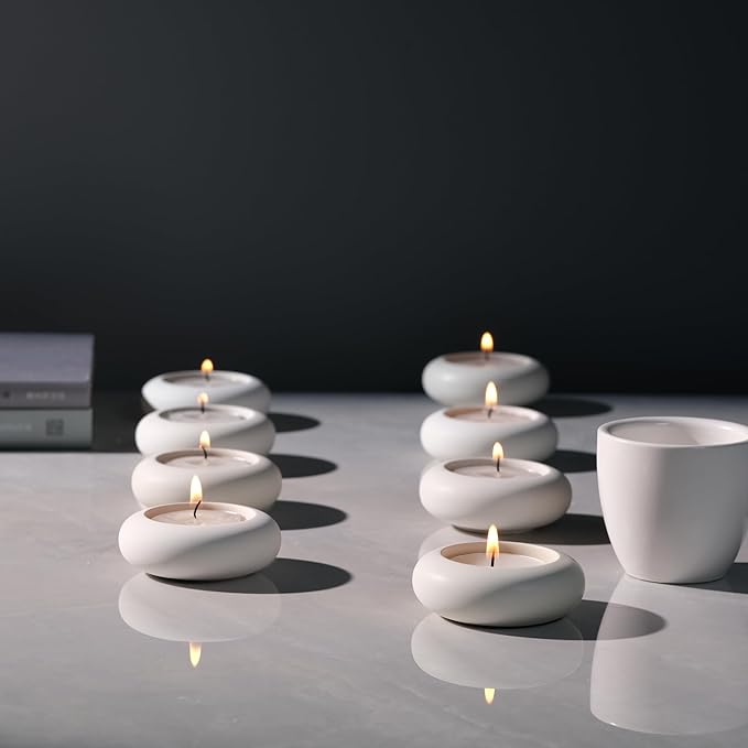 Handmade Decorative Pebble Tealight Candle Holders Set of 8 - Handcrafted Home Decor Accent for Calming Earthy Aesthetic White Cement Diameter 2.6 inches