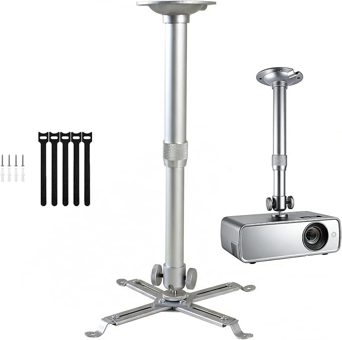 Projector Ceiling Mount with New Gimbal, Adjustable Length Projector Mount, ¼-Inch Screw, Compatible with Most Projectors, Ceiling/Wall Use with Adjustable Angle (Dark) (Silver)
