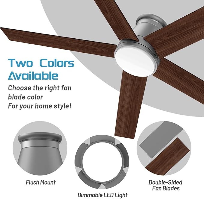 wurzee 60 Inch Flush Mount Ceiling Fan, Matte Silver Low Profile Fan Reversible DC Motors, Dimmable, Timer, Noiseless, Ceiling Fan for Indoor & Outdoor Bedrooms, Living Rooms