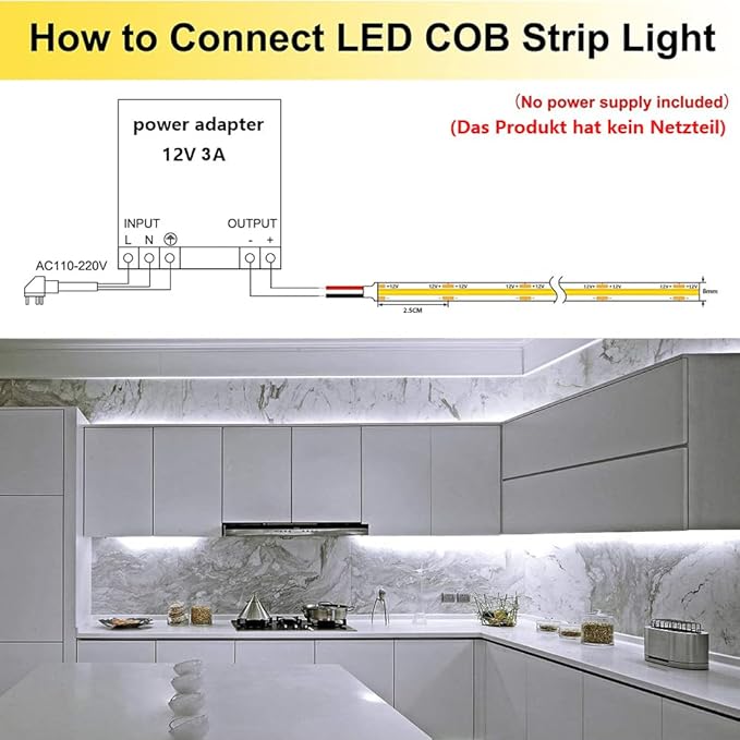 TOPAI 12V COB LED Strip Light 6000K Cool White Waterproof IP65 480LEDs/M Super Bright 4000Lm CRI>90 16.4ft/5M Self Adhesive Dotless Cuttable Flexible for Bedroom Cabinet DIY Lighting