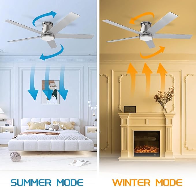 wurzee 60 inch Flush Mount Ceiling Fan Brushed Nickel ceiling fans with lights 6 Speeds DC Reversible Motor, Timing, Dimmable, 5 Blades for Bedroom,Living Room Dining Room Patio