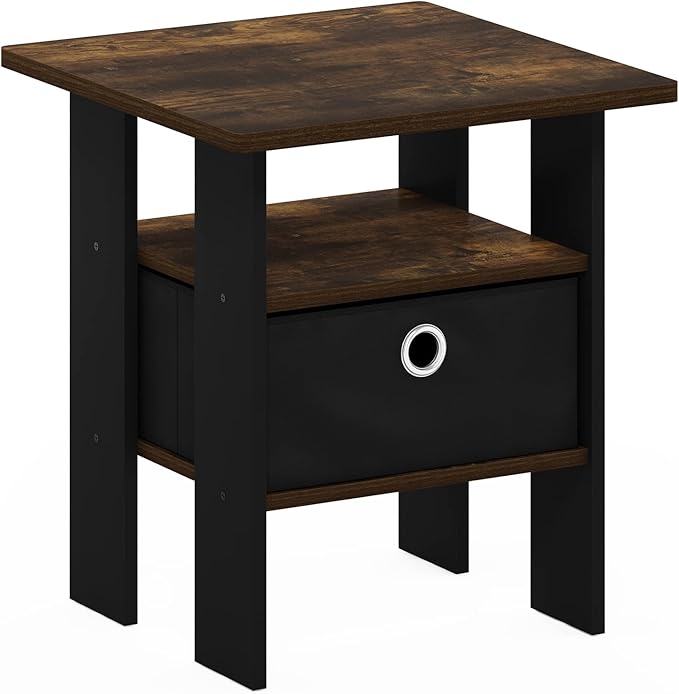 Furinno ANDREY Side Table, End Table, Night Stand with Open Shelves and Storage Bin, Bedside Table, for Living Room, Bedroom, Amber Pine