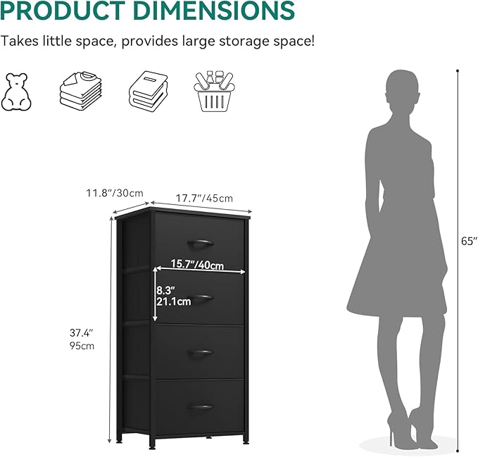 DWVO Storage Tower with 4 Drawers - Fabric Dresser, Organizer Unit, Living Room, Closets - Sturdy Steel Frame, Easy Pull Fabric Bins & Wooden Top