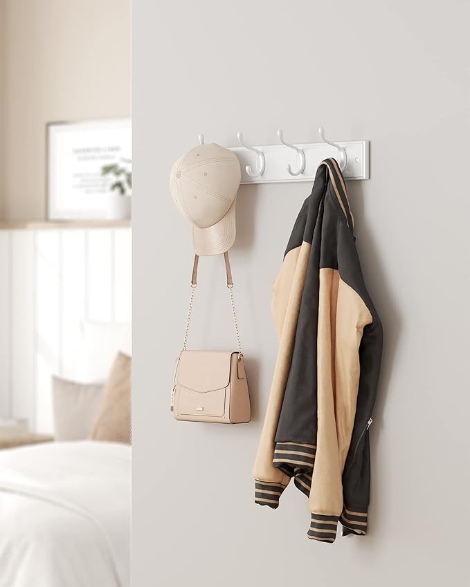 SONGMICS Wall-Mounted Coat Rack, Hook Rack, 4 Dual Metal Hooks, for Coats, Bags, Keys, in the Entryway, Bedroom, Living Room, White ULHR23WT
