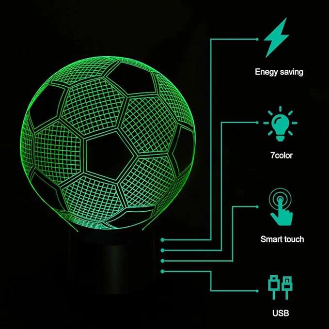 AZIMOM 3D Illusion Lamp Soccer Decor Night Light 7 Colors Changing Led Night Light for Kids Smart Touch Optical Illusion Bedside Lamps Bedroom Home Decoration Boys & Girls Women Birthday Gifts