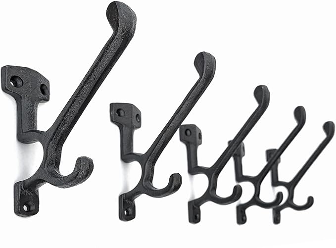 5 Pack Decorative Cast Iron Heavy Duty Double Hooks, Wall Mounted Coat Hooks, Vintage Inspired (Antique Black) (Type-7 Type)