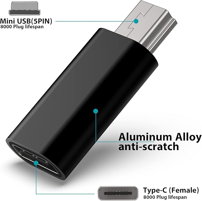 USB C to Mini USB Adapter, Type C Female to Mini USB 2.0 Male Convert Connector Support Charge & Data Sync Compatible GoPro Hero 3+, MP3 Players, Dash Cam, Digital Camera, Receiver etc(2-Pack) Black