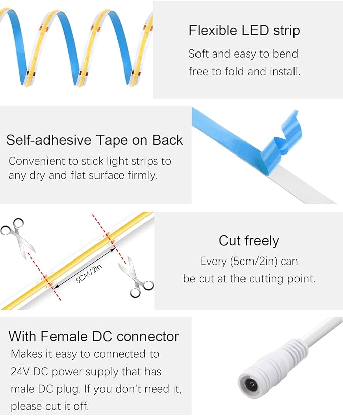 ALITOVE 32.8ft COB LED Lights for Bedroom with Remote Warm White 3000K Dimmable LED Strip Lights CRI90+ High Density 3200LEDs Flexible 24V LED Tape Light for Cabinet Home Indoor Lighting Decoration