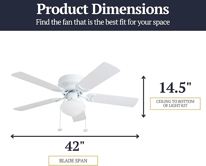 Prominence Home Alvina Traditional 42 Inch Ceiling Fan with Light, LED Flush Mount Ceiling Fan, Indoor Fan with 5 Blades, White and Gray Oak Blade Finish Options, White (80092-01)
