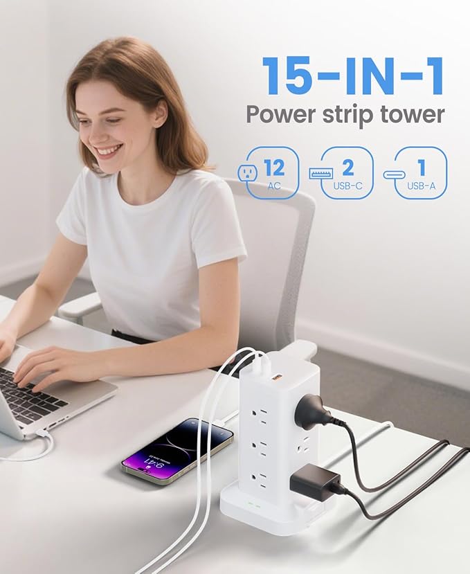 Power Strip Tower with Surge Protector 1800J, Fast Charging Tower PD20W USB-C Ports with 12 AC Outlets, 10ft Extension Cord for Home Office Dorm Room, White