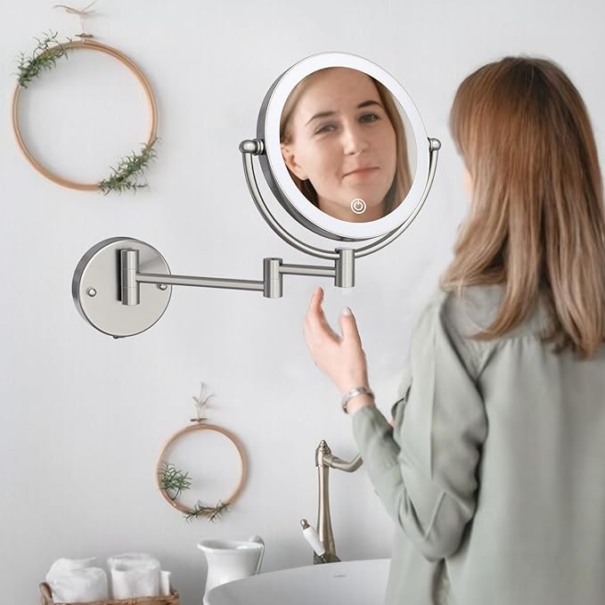Makeup Mirror Wall Mounted with Lights and 10X Magnification, 8 Inches Rechargeable Double Sided Magnifying, Touch Dimmable Extended Arm 360 Rotation, Foldable Cosmetic Mirror Brushed Nickel