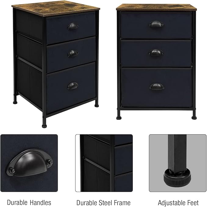 Sorbus Nightstand with 3 Drawers - Bedside Furniture & Night Stand End Table Dresser with Steel Frame, Wood Top, Easy Pull Fabric Bins for Home, Bedroom Accessories, Office & Dorm