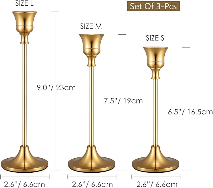 Gold Candlestick Holders Taper Candle Holder - Set of 3 Pcs Brass Gold Candle Stick Holder Centerpieces Decorations for Table, Mantel, Wedding, Dinning, Party(Candles not Include)