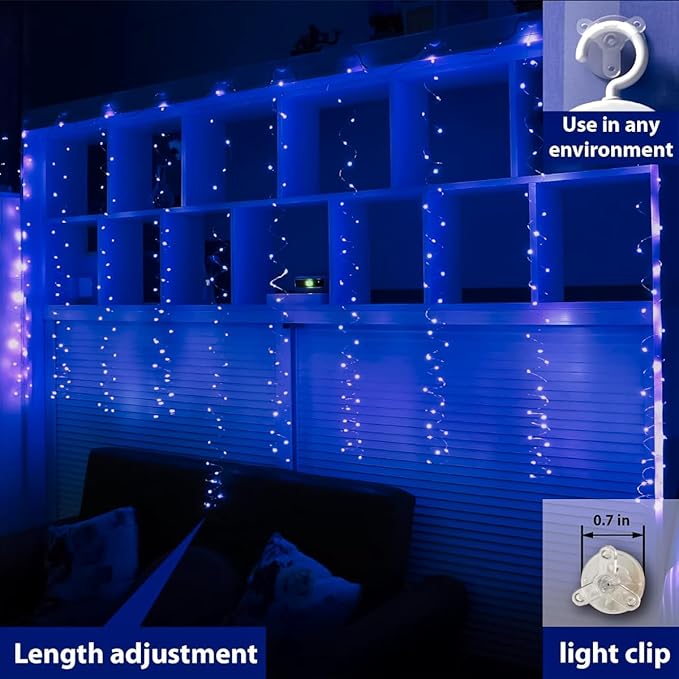 ZSJWL 300 LED Blue Curtain Fairy Lights with Remote, 8 Modes 9.8 × 9.8 Ft Waterproof USB Plug in Copper Wire Lights for Bedroom Window Chrismas Wedding Party