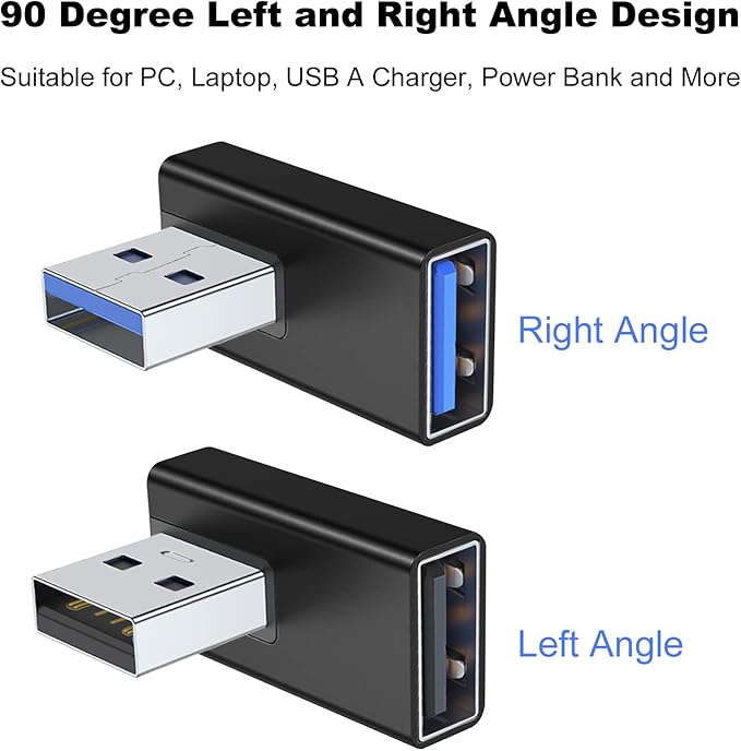 AreMe 90 Degree USB 3.0 Adapter 2 Pack, Left and Right Angle USB A Male to Female Converter Extender for PC, Laptop, USB A Charger, Power Bank and More (Black)